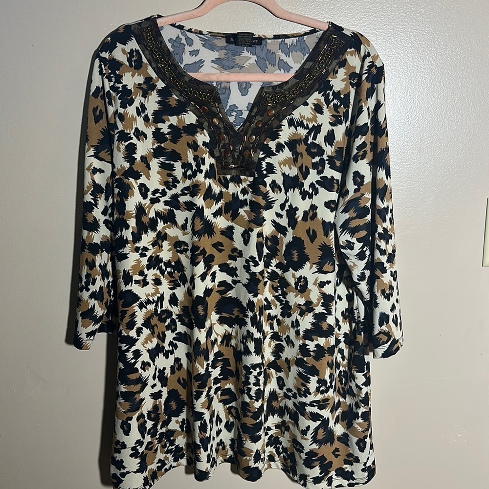 Susan Lawerence Animal Print Beaded Top | 3X